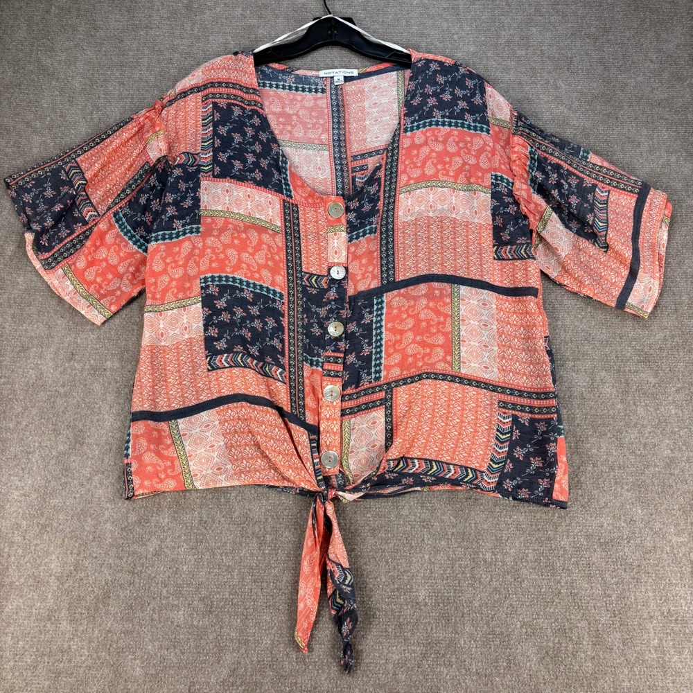 Notations Womens Patchwork Tie Front Button Up Blouse Coral Navy Medium MRJB0467